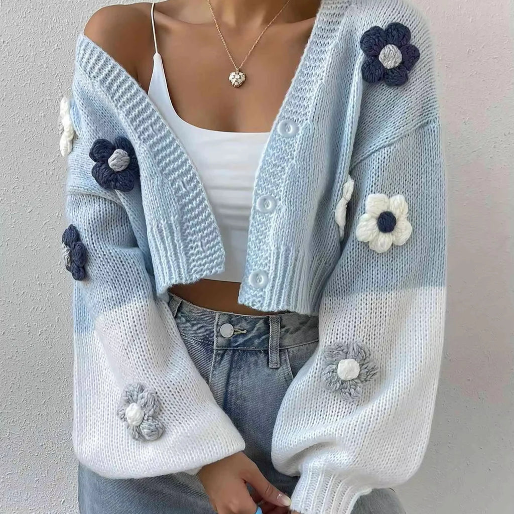 Hot Style Women'S V-Neck Lantern Sleeves Knit Cardigan Open Front Outwear With Casual Style for Winter