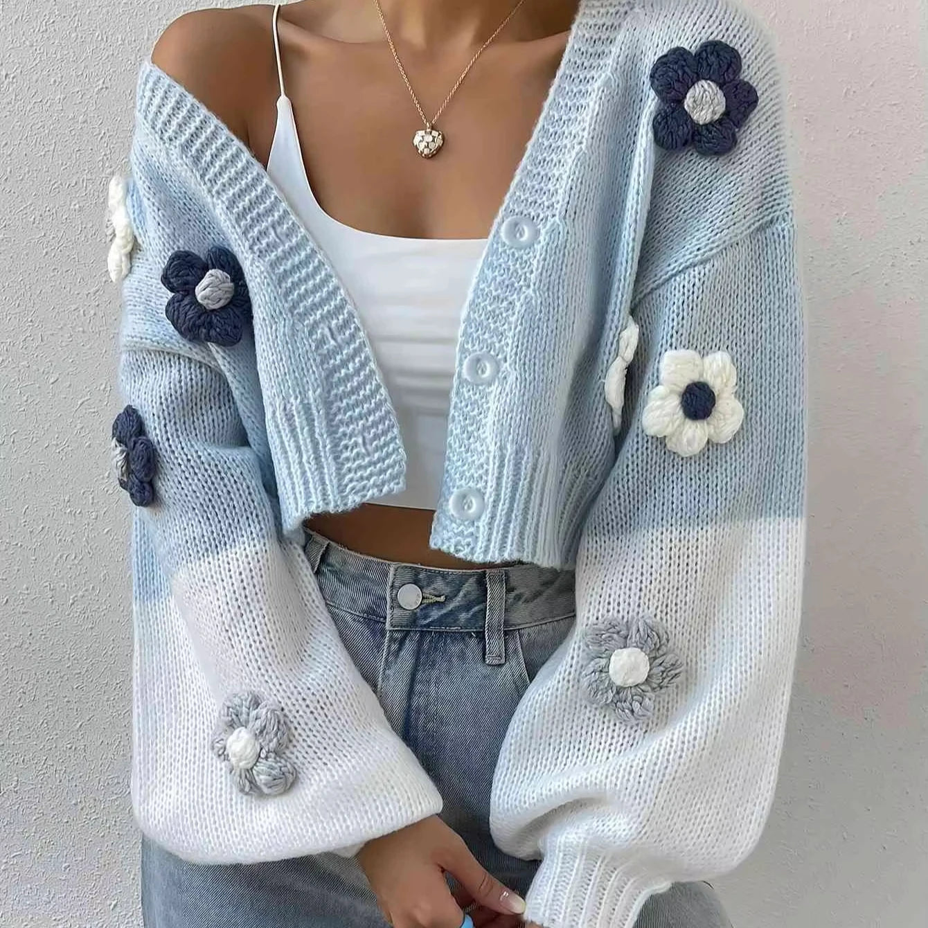 Hot Style  Women'S V-Neck Lantern Sleeves Knit Cardigan Open Front Outwear With Casual Style for Winter