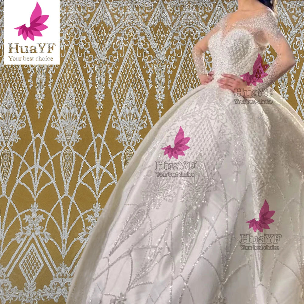New Luxury White 3d Beaded Sequins Wedding Bridal Lace Dress Fabric Wholesale  HY2312