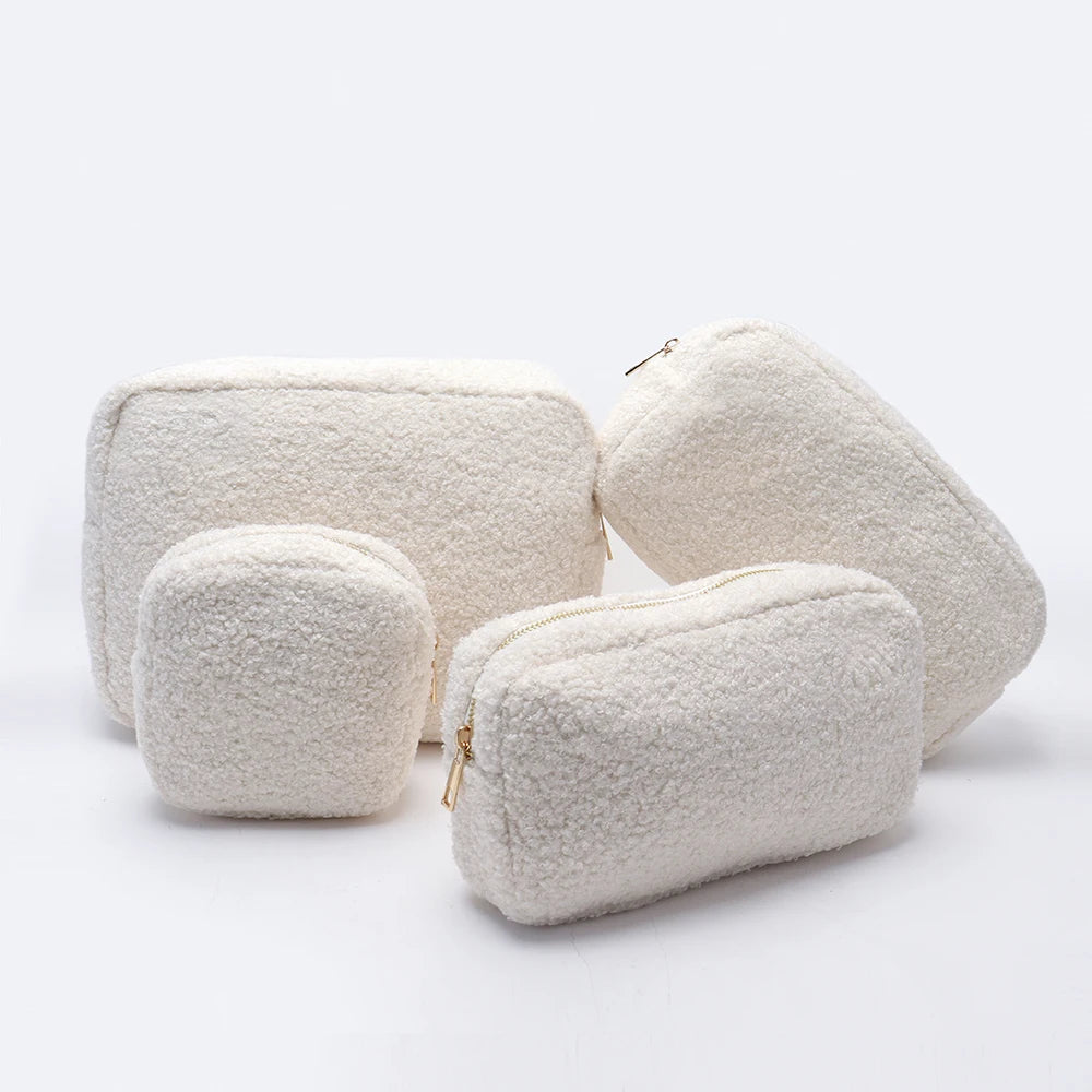 Large Capacity Lamb Wool Cosmetic Bag Cream Portable Multifunctional Travel Towel for Toiletry Storage Zipper Closure Letter Pat
