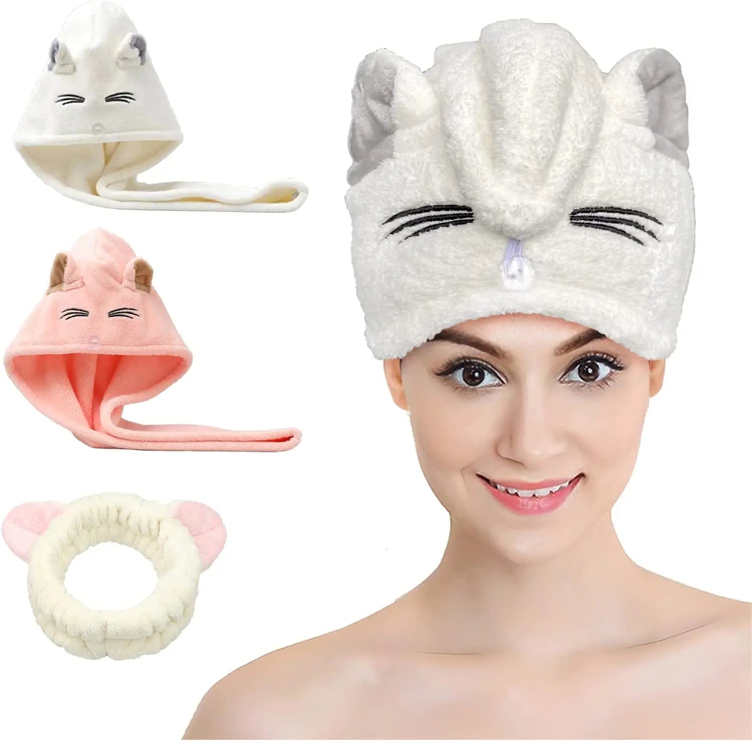 Hair Drying Towel Wrap with Cat Ear Quick Drying Hair Tools for Women and Kid Girls Super Absorbent Dry Head Turban with Button