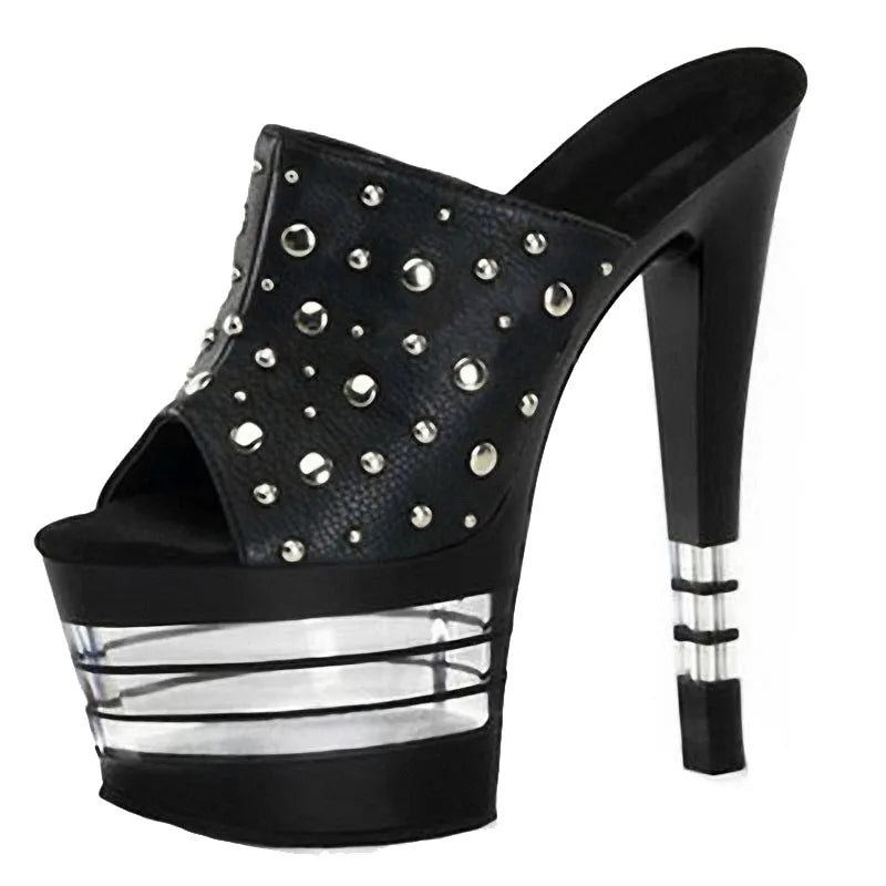Black Rivet Gothic Transvestite Stiletto 17 cm Club High Heels Women's Summer Leaky Toe Non slip Sandals