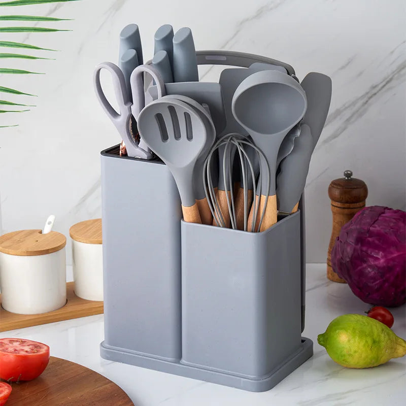 Newest 19-piece Set of Silica Gel Kitchen Utensil Set with Wooden Handle and Cuttings Board Storage Bucket Kitchen Gadget Set
