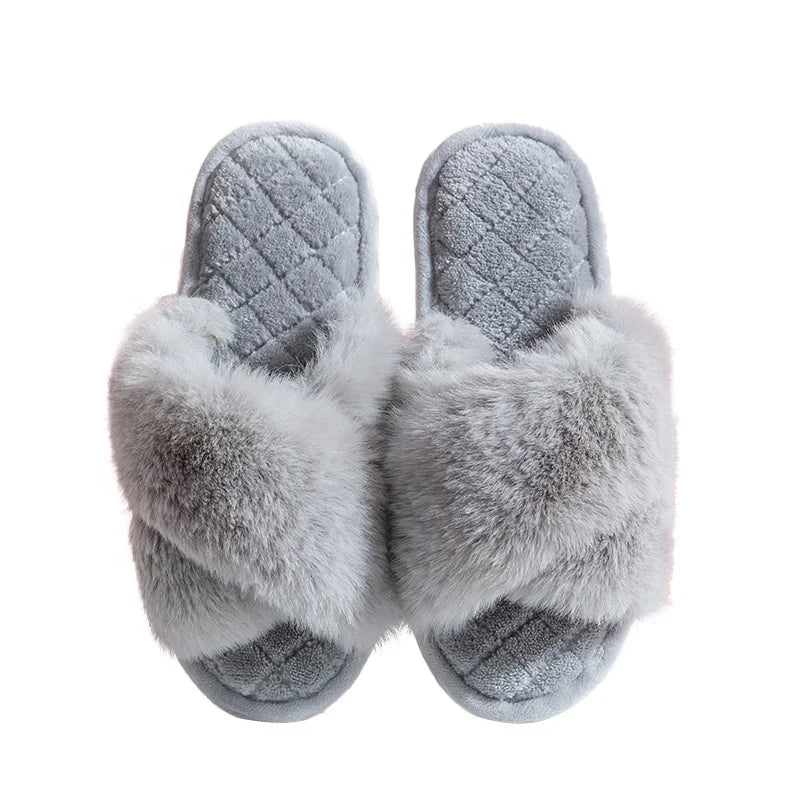 Woman Ladies Girls  Faux Rabbit Fur Fluffy Plush Home Open Toe  Cross Upper Indoor Slipper