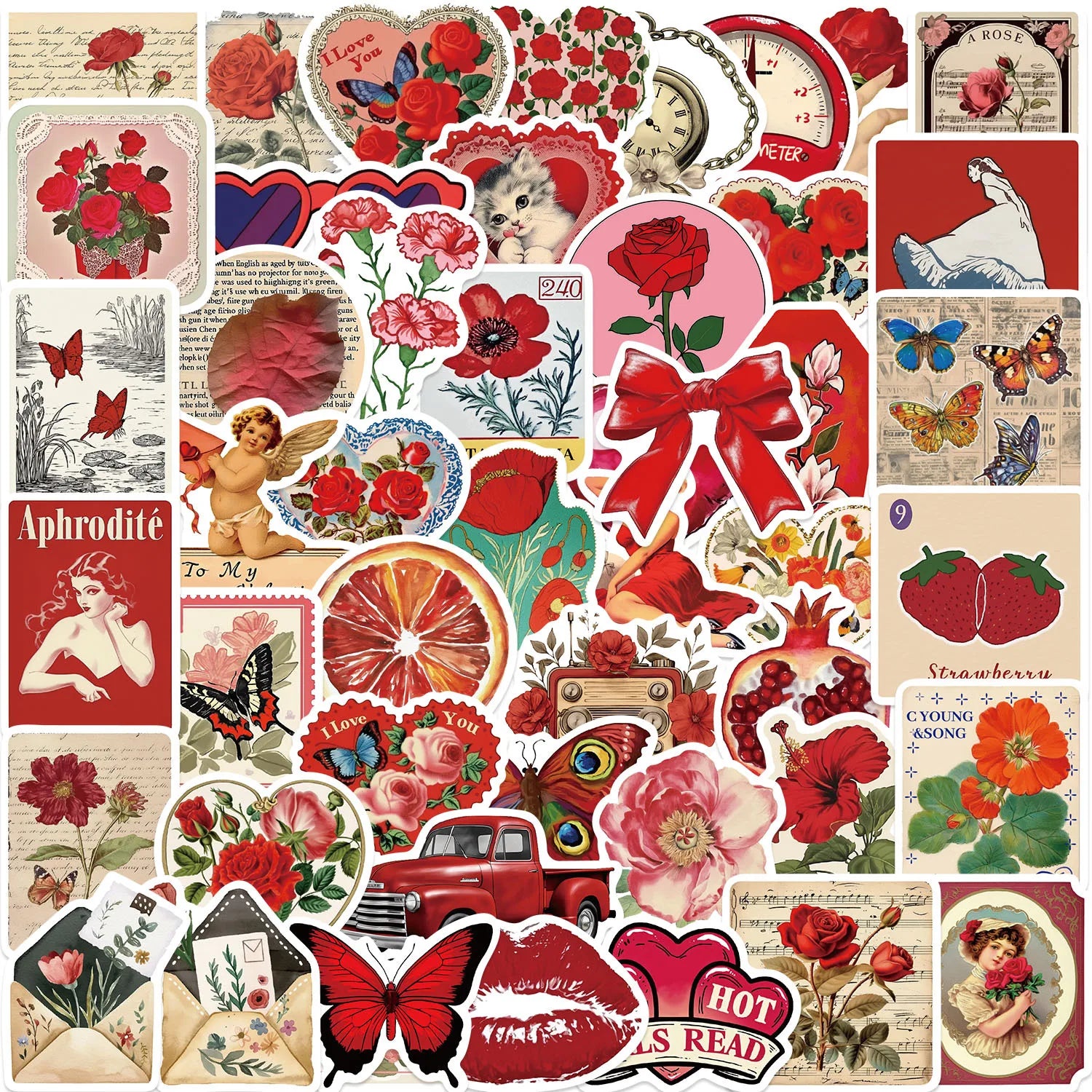 50Pcs Red Aesthetic Retro Cute Graffiti Stickers for Book Luggage Decor Mood Diary VSCO Sticker