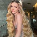Japan Future Fiber Synthetic Lace Wigs Long Wavy Golden Blonde Hair Wigs for Women Black Roots Wigs Heat Resistant