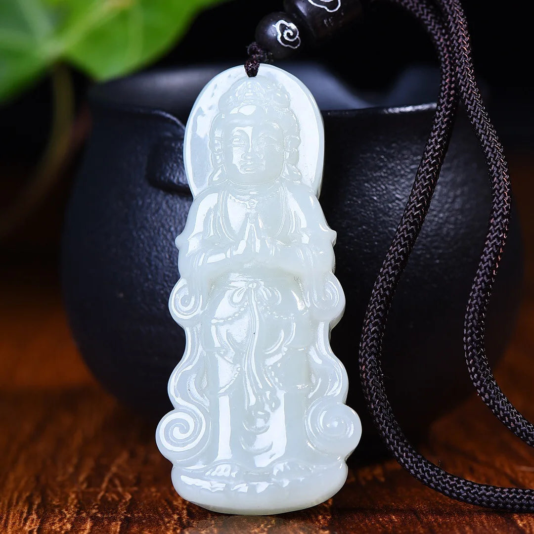 Myanmar Natural White Guanyin Buddha Pendant Glutinous Ice Species Pendant Jewelry Male Myanmar Jade Charm Pendant