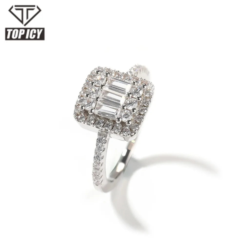 Wholesale Fashion Square Baguette CZ Ring Iced Out Simple Design Gold Plated Engagement Ring for Women