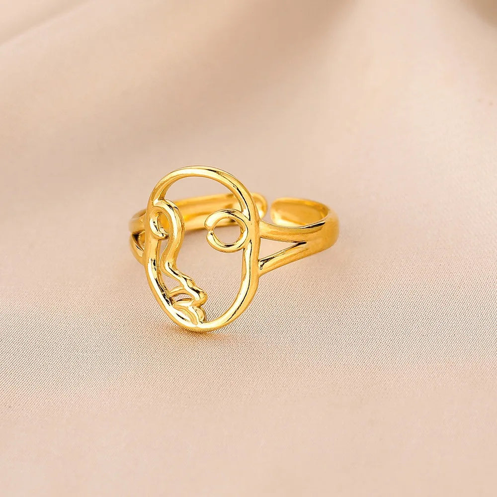 Stainless Steel Promise Artist Abstract Face Design Fashion Ladies Couple Adjustable Rings for Women Jewelry Party Girls Gifts