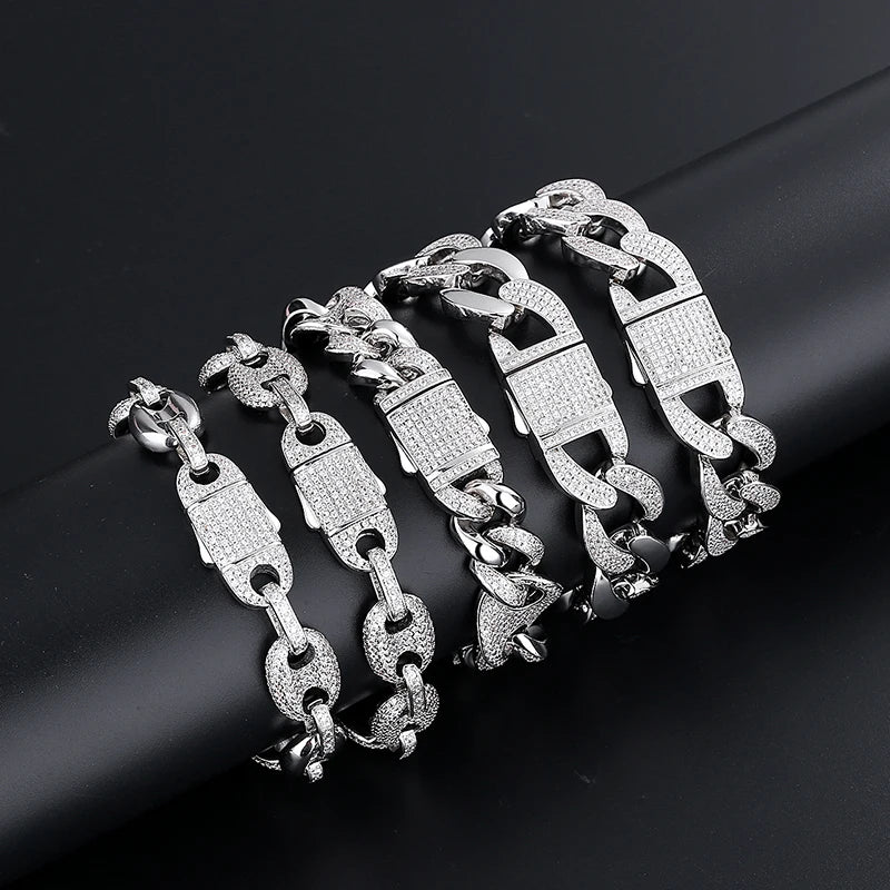 Hip Hop Men Jewelry Miami Cuban Chain Link Bracelet Silver Plated Ice Zircon Bracelet