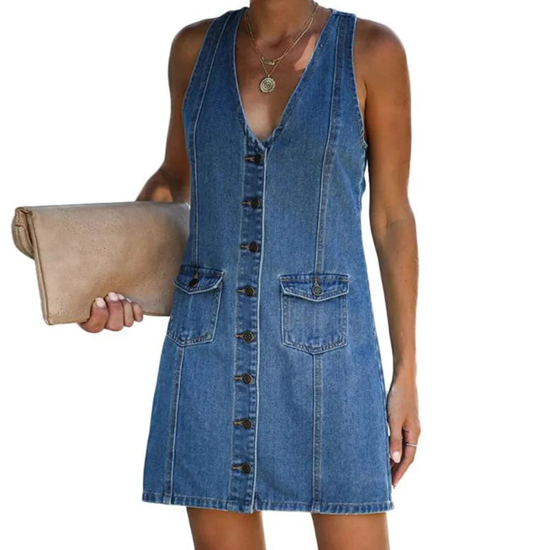Hot Sale Woman Denim Dress 2023 Summer Jeans Sundress Casual Sleeveless Ladies Dress Streetwear Robe Jean Dress With Pocket Mini