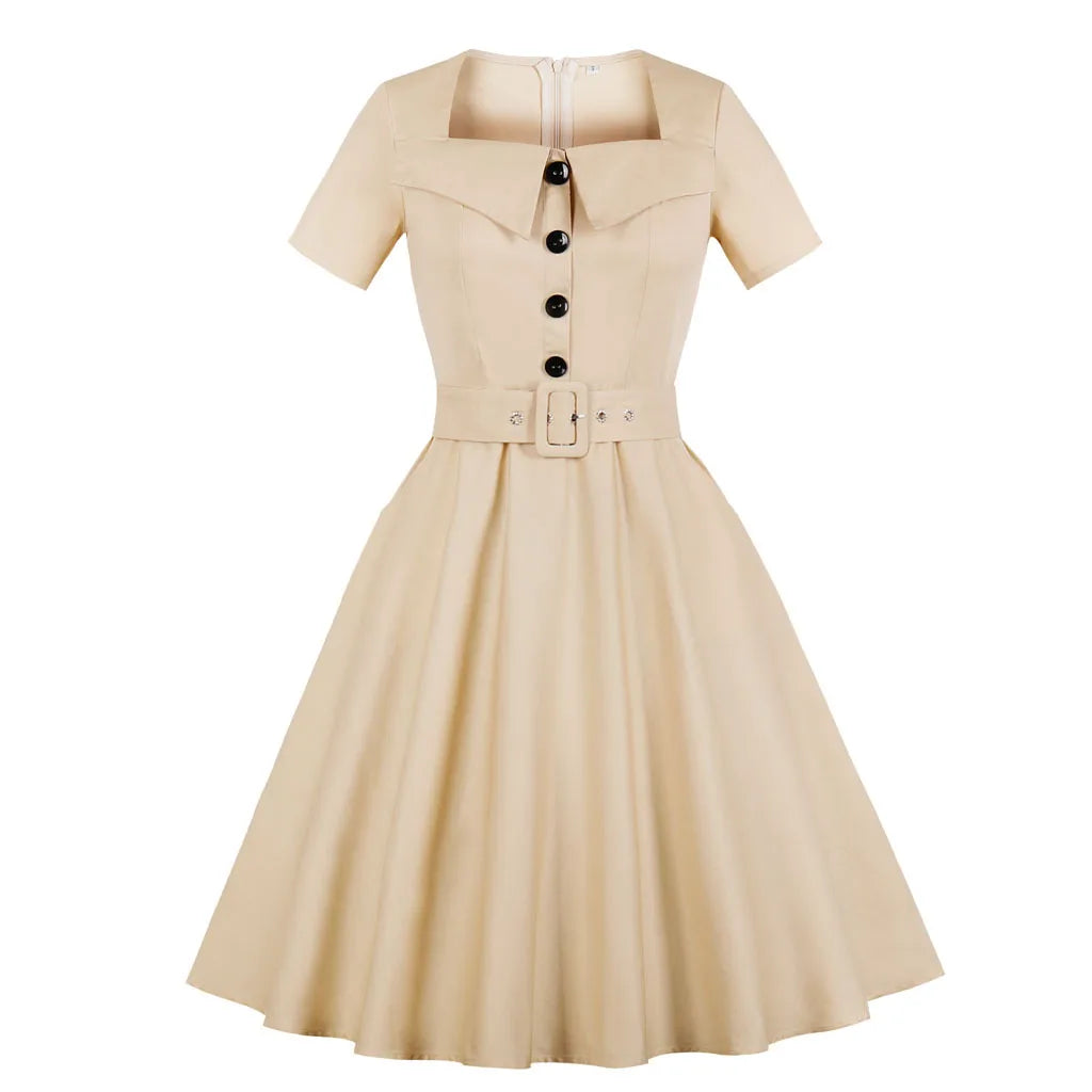 Cotton Rockabilly Party Dress AT2226 Summer Short Sleeve Vintage Dress with Pockets