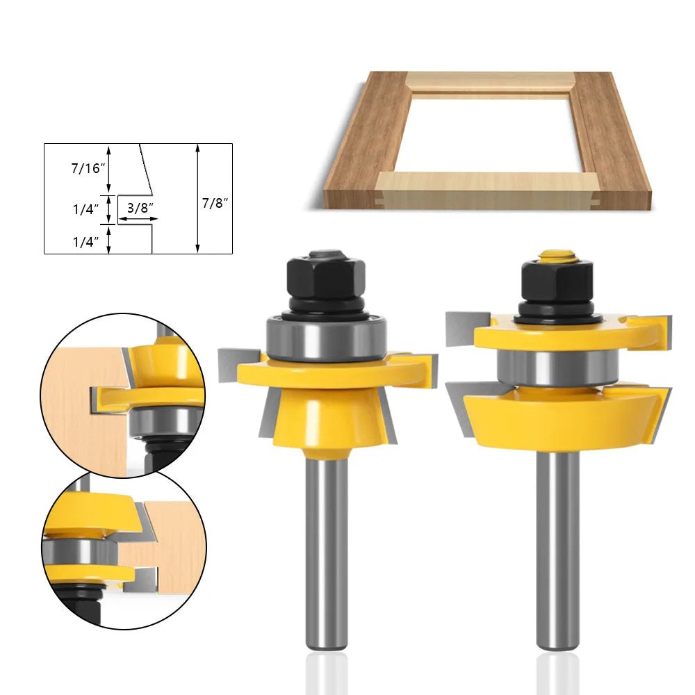 1/2" 1/4" 6mm 8mm Shank 2pcs Shaker Tenon Router Bit Milling Cutter Set Woodworking Stile and Rail for CNC Cabinet Door Frame