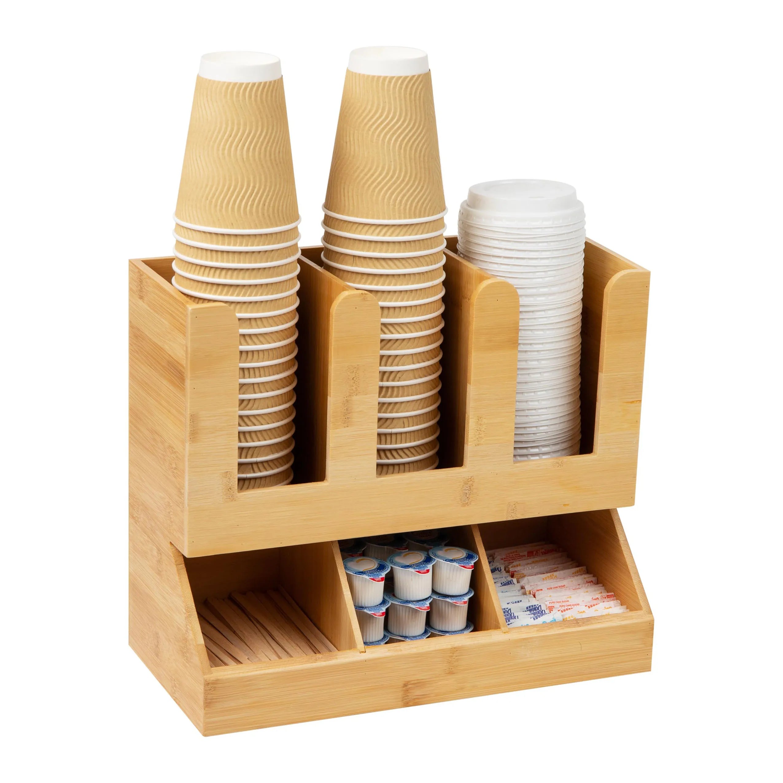 Bamboo Coffee Station Organizer Disposable Cups and K-Pods Organizer 6 Compartments Condiment Rack Wood Coffee Organizer