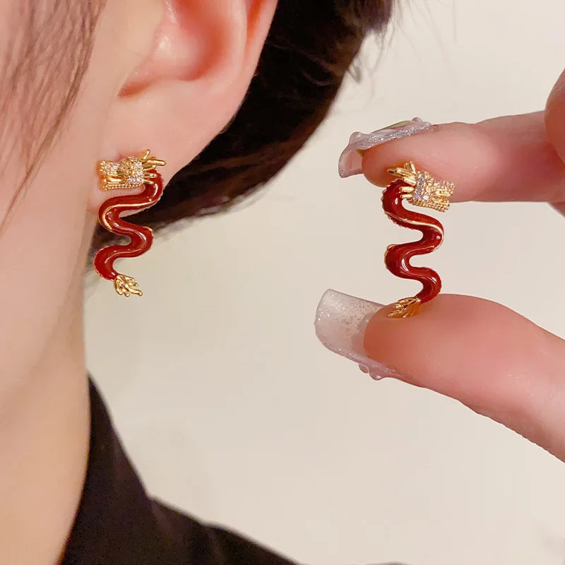 Minimalist 14K Gold Plated Stud Earrings Inlaid Zircon Earrings Enamel Dragon Earrings for Women
