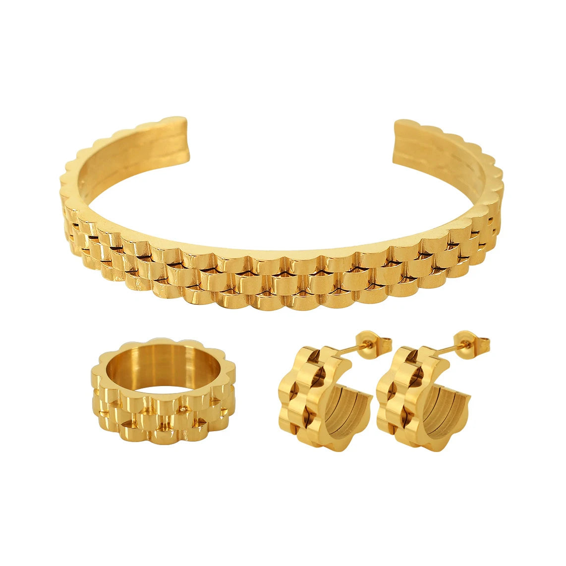 ERESI Boho Chic Jewelry Watchband Chunky Gold Hoop Earrings for Women Stainless Steel Earrings Ring Bangle Gold Plated Jewelry