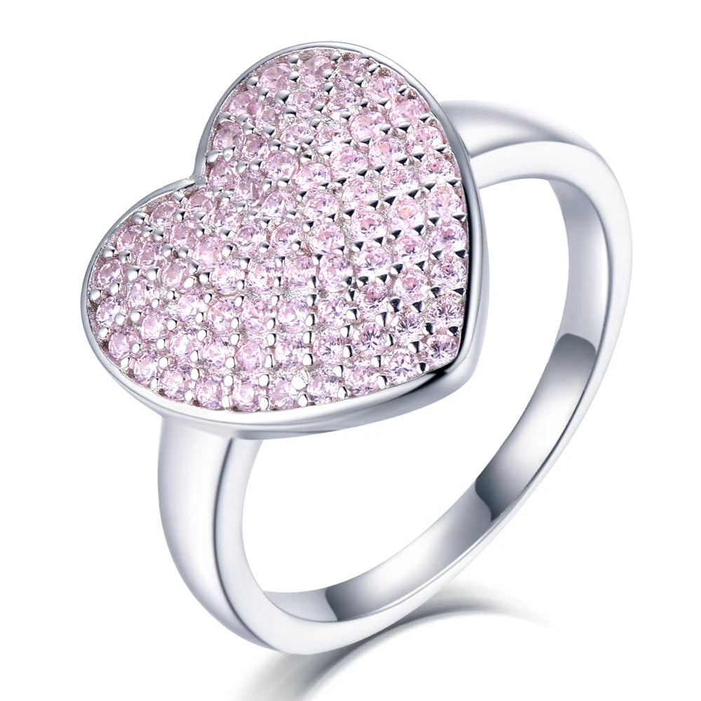 Tonglin TL-397 925 Sterling Silver Jewelry Simple and Elegant Silver Ring Daily Wear Pink Cubic Zirconia Heart Rings