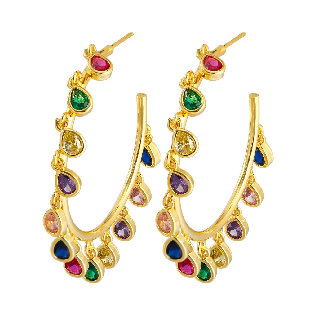 Women CZ Trendy Hoop Earrings with Water Drop Charms Tassel Drop Earrings High Quality Multicolor Cubic Zirconia Costume Jewelry