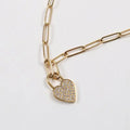 18K Gold Plated Heart Rhinestone Necklace Stainless Steel Rolo Chain Heart Charm Pendant