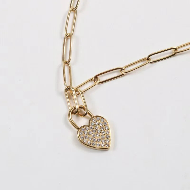 18K Gold Plated Heart Rhinestone Necklace Stainless Steel Rolo Chain Heart Charm Pendant