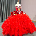 Amazing Red Flowers Puffy Ball Gown Dresses for 15 Years Women Party Formal Quinceanera Dress Ruffled 6595