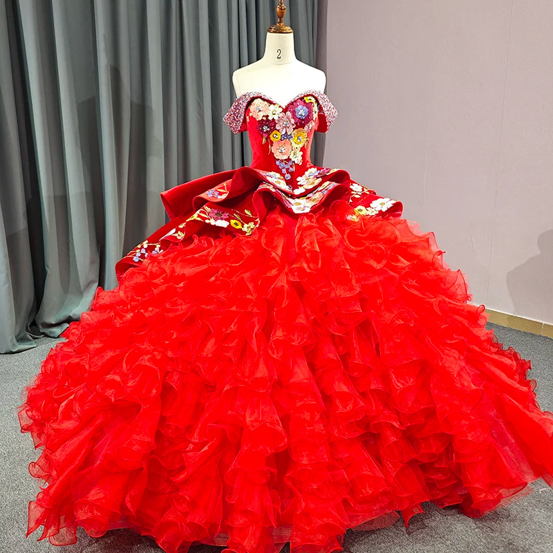 Amazing Red Flowers Puffy Ball Gown Dresses for 15 Years Women Party Formal Quinceanera Dress Ruffled 6595
