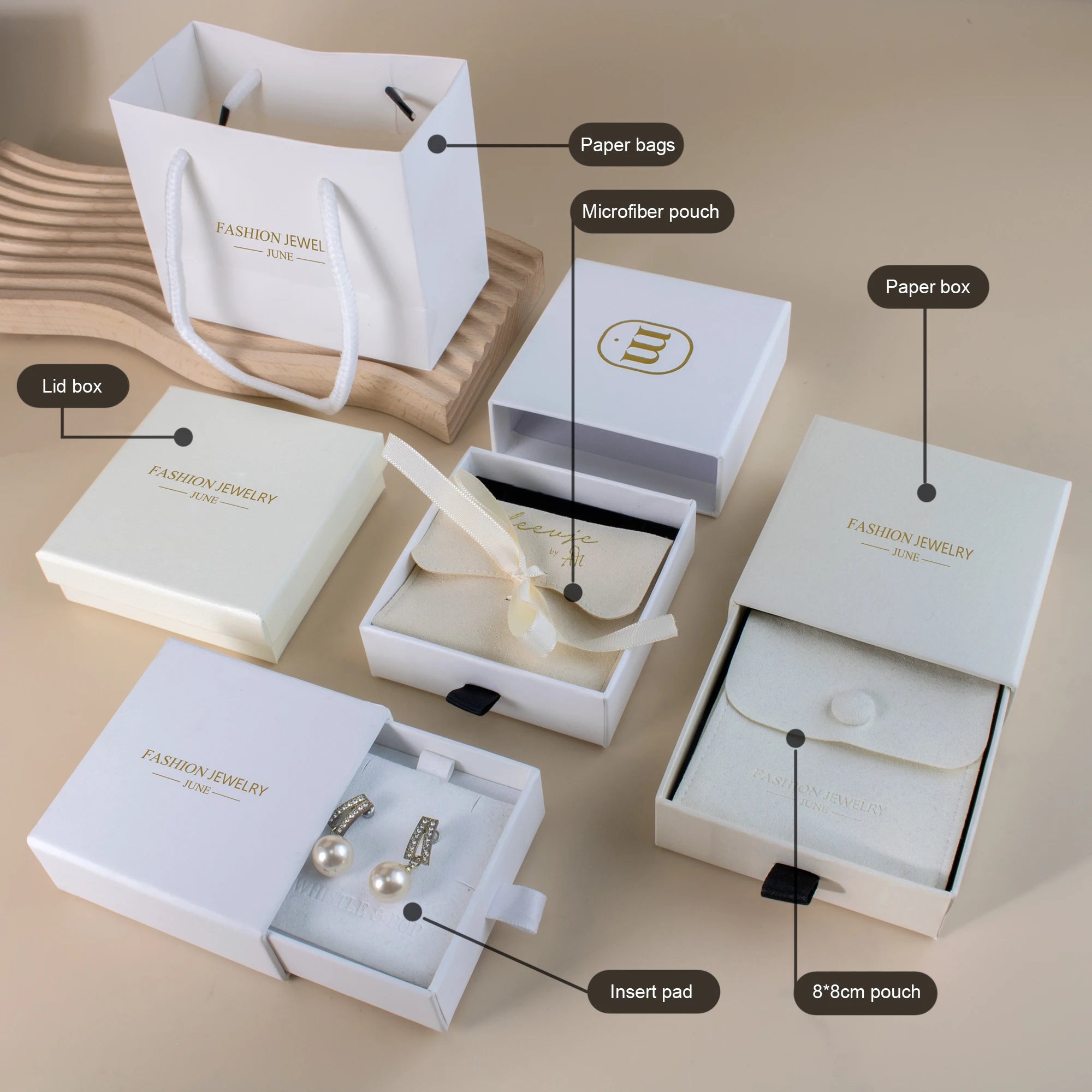 Luxury Jewelry Packaging Set Box and Paper Bag Microfiber jewelry Pouch with Ribbon For Necklace Bracelet Earrings