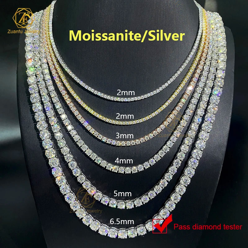 Wholesale 925 Silver Plated 18K White Gold VVS Diamond Tennis Chain 2mm 3mm 4mm Iced Out Moissanite Tennis Necklace for Hip Hop