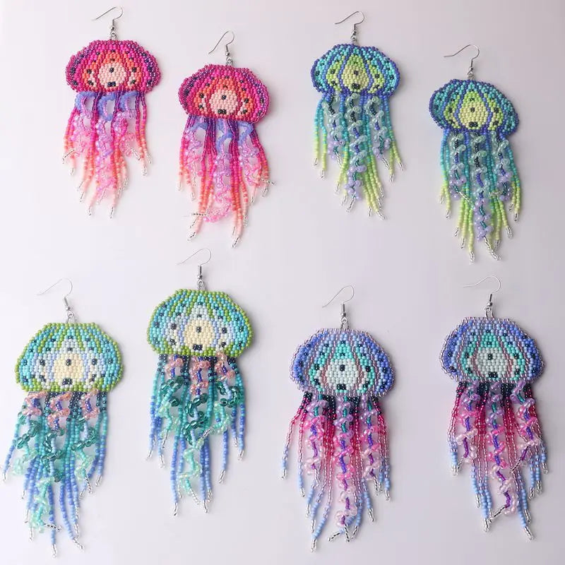 Delicate Ethnic Colorful Jellyfish Tassel Earrings Handmade Bohemian Seed Bead Pendant Earrings for Women Beach Jewelry
