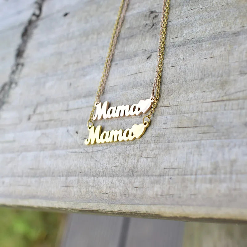QUSEDINY Custom Gold Plated Stainless Steel Jewelry Trendy Name Heart Letter Alphabet Mama Pendant Mom's Choker Chain Necklace
