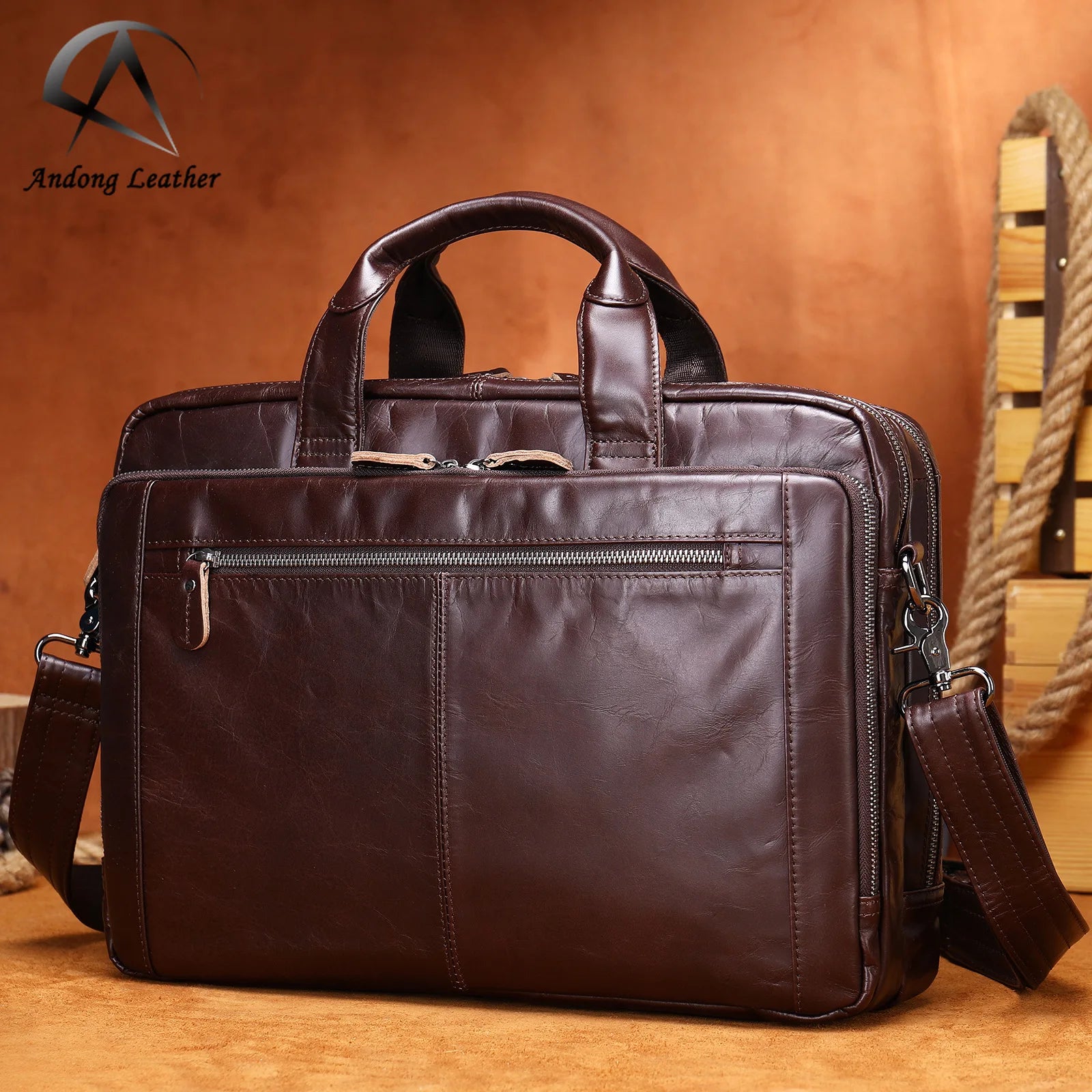 Andong Genuine Cow Leather Men Briefcase Business 14-inch Laptop Messenger Bag Retro Classical Large Shoulder Travel Bags