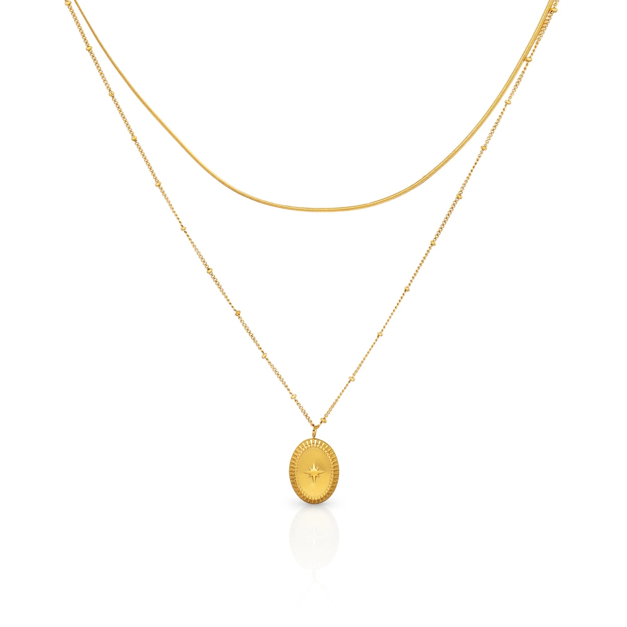 Chris April PVD Gold Plated 316L Stainless Steel Double Layered Overlap Snake Chain Eight-pointed Star Ellipse Pendant Necklace