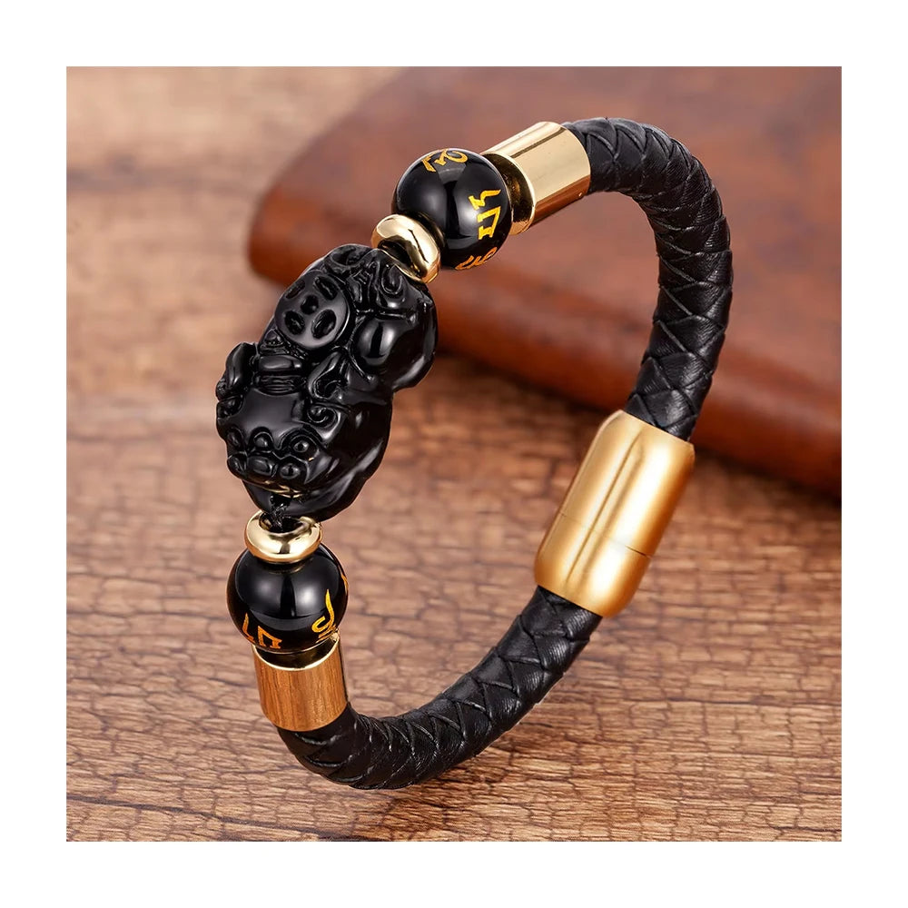 Pixiu Bracelets Leather and Stainless Steel Brave Lucky Charms Magnetic Stone Bracelet Men Jewelry