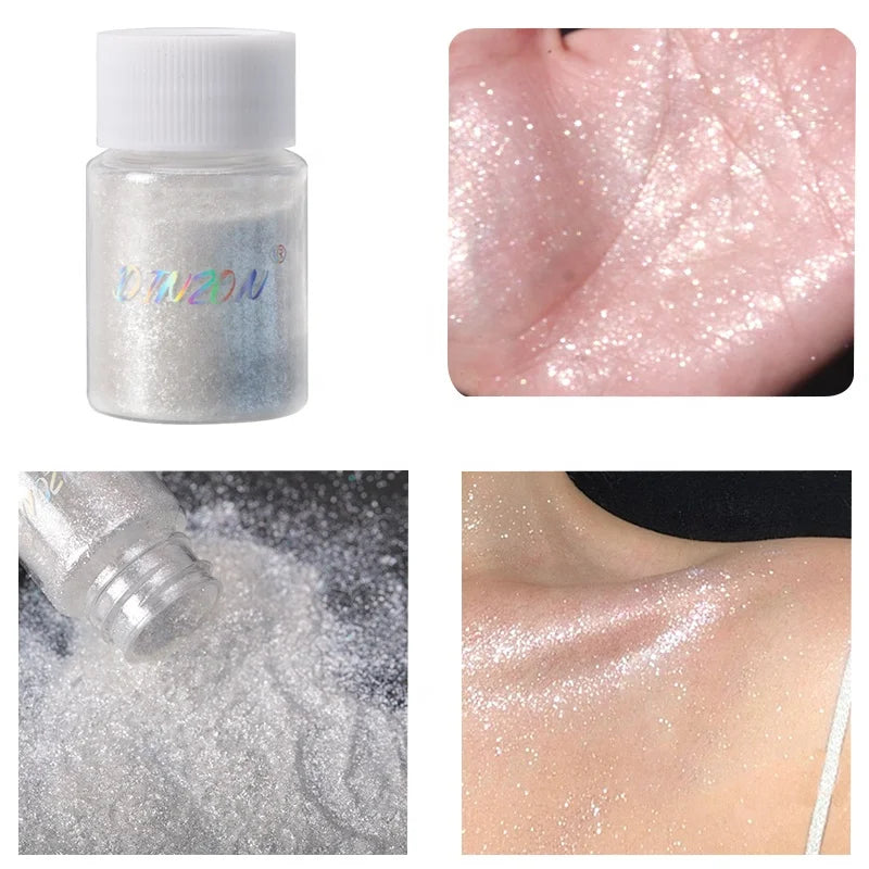 DINZON Custom Logo Body Highlight Glitter Powder Silver Shimmer Cosmetic Pigments for Parties Makeup
