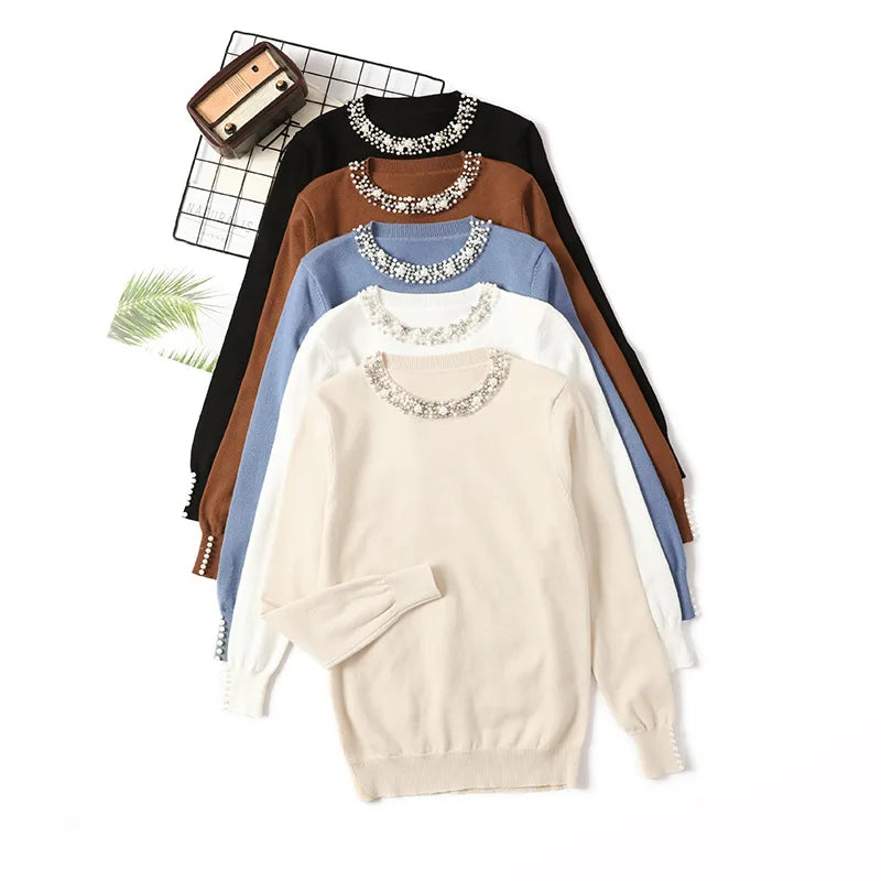 Autumn and Winter New One Size Bead Collar Pullover Sweater Round Neck Long Sleeve Knitted Loose Women's Bottoming Shirt