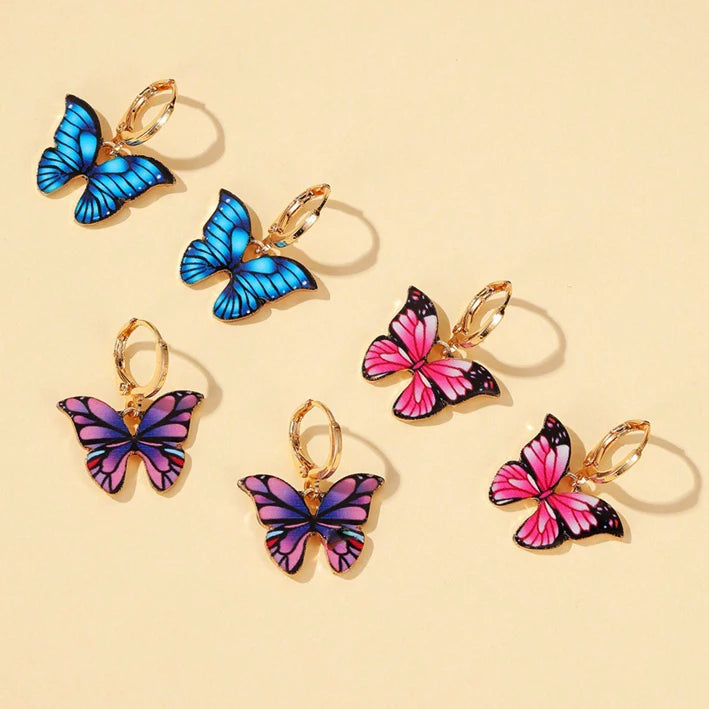 INS Korean Style Gold Plated Lovely Colorful Dangle Butterfly Huggie Earrings for Women Ladies
