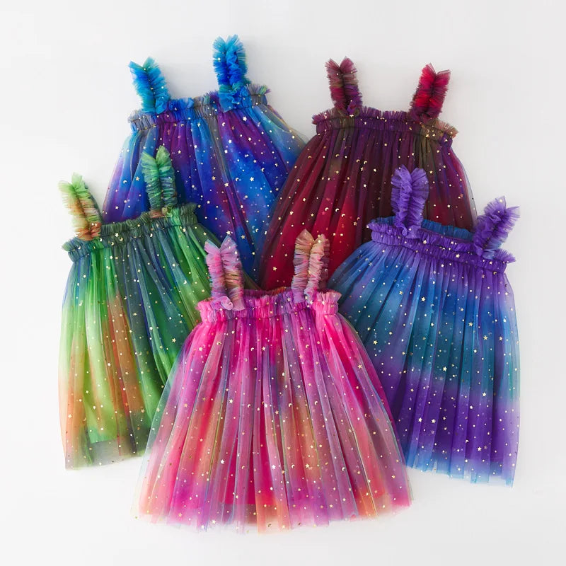 2025 New Baby Girl Dress Fashion Cute Baby Rainbow Sling Mesh Puffy Skirt Sweet Kids Lace Princess Dresses