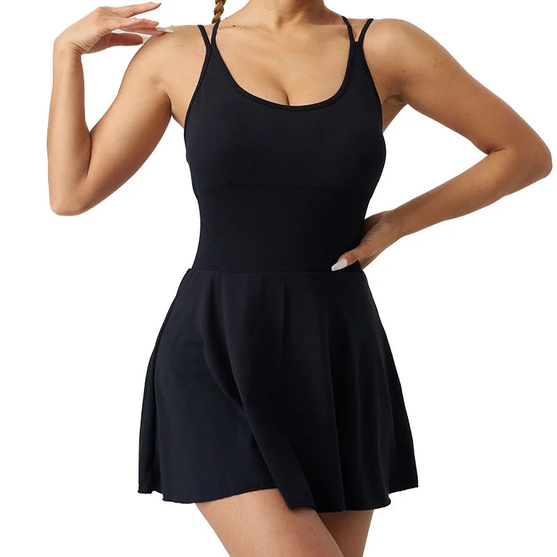 Women's Summer Halter Yoga Wear Tennis Dress Fitness And Sports Fake Two-piece Shorts One-piece Dress