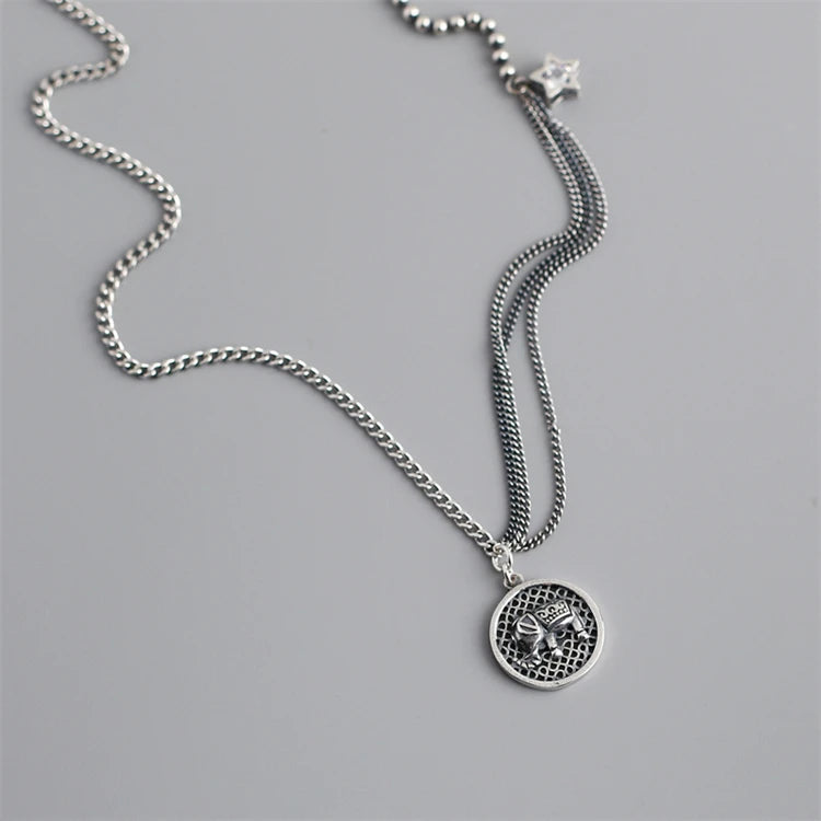Vintage 925 Sterling Silver Oxidation Elephant Fashion Round Disc Pendant Necklace