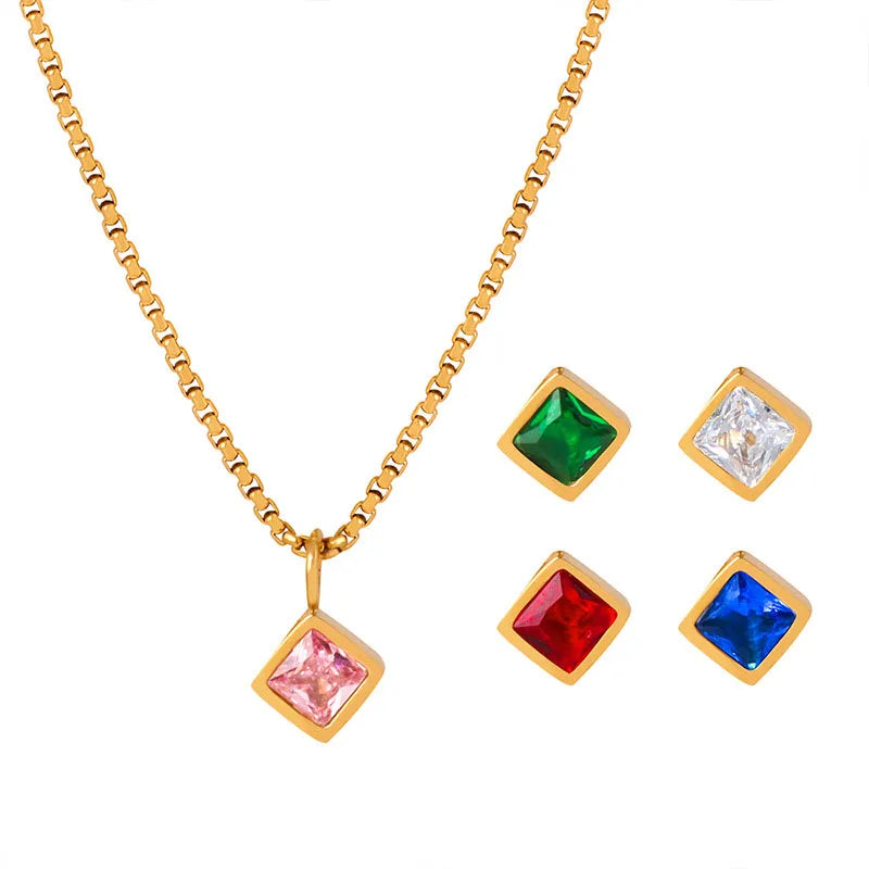 Multi Color Glass Stone Necklace Pendant Gold Plated CZ Zircon Stone Pendant Necklace Women Jewelry