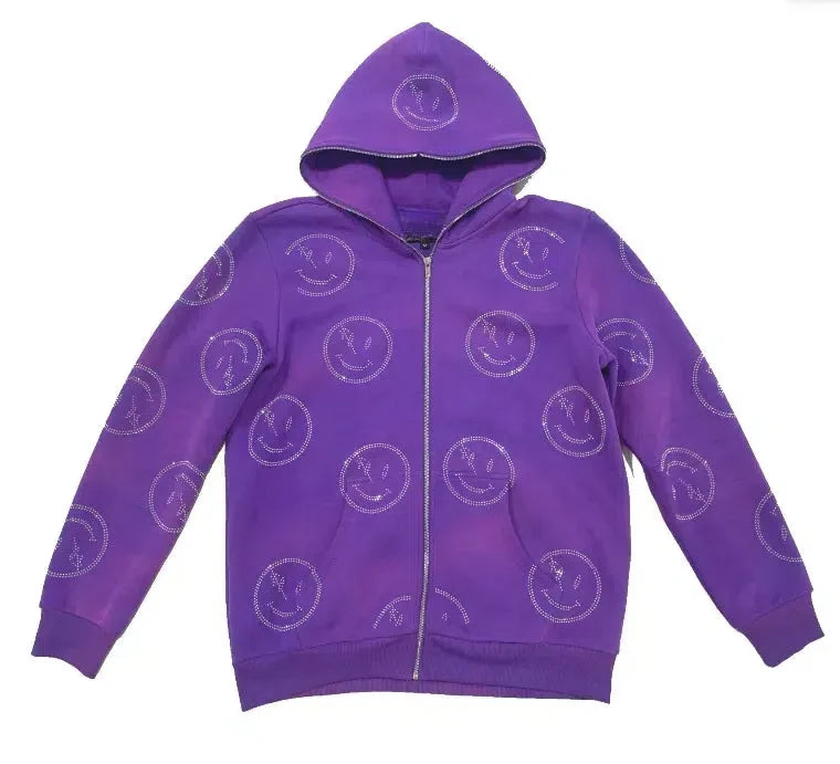 For High Quality Y2k Men Hoodie Jacket Custom Sun Faded Oversized Streetwear Acid Wash Full Zip Rhinestone 100% Cotton Autumn