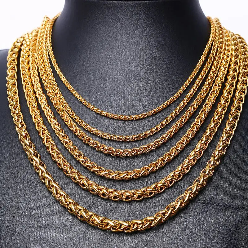 18k Gold Plated Chain Men Necklace Jewelry Stainless Steel Braid Wheat Chain Hips Hops Collar Cuban Curb Custom Chain Necklace
