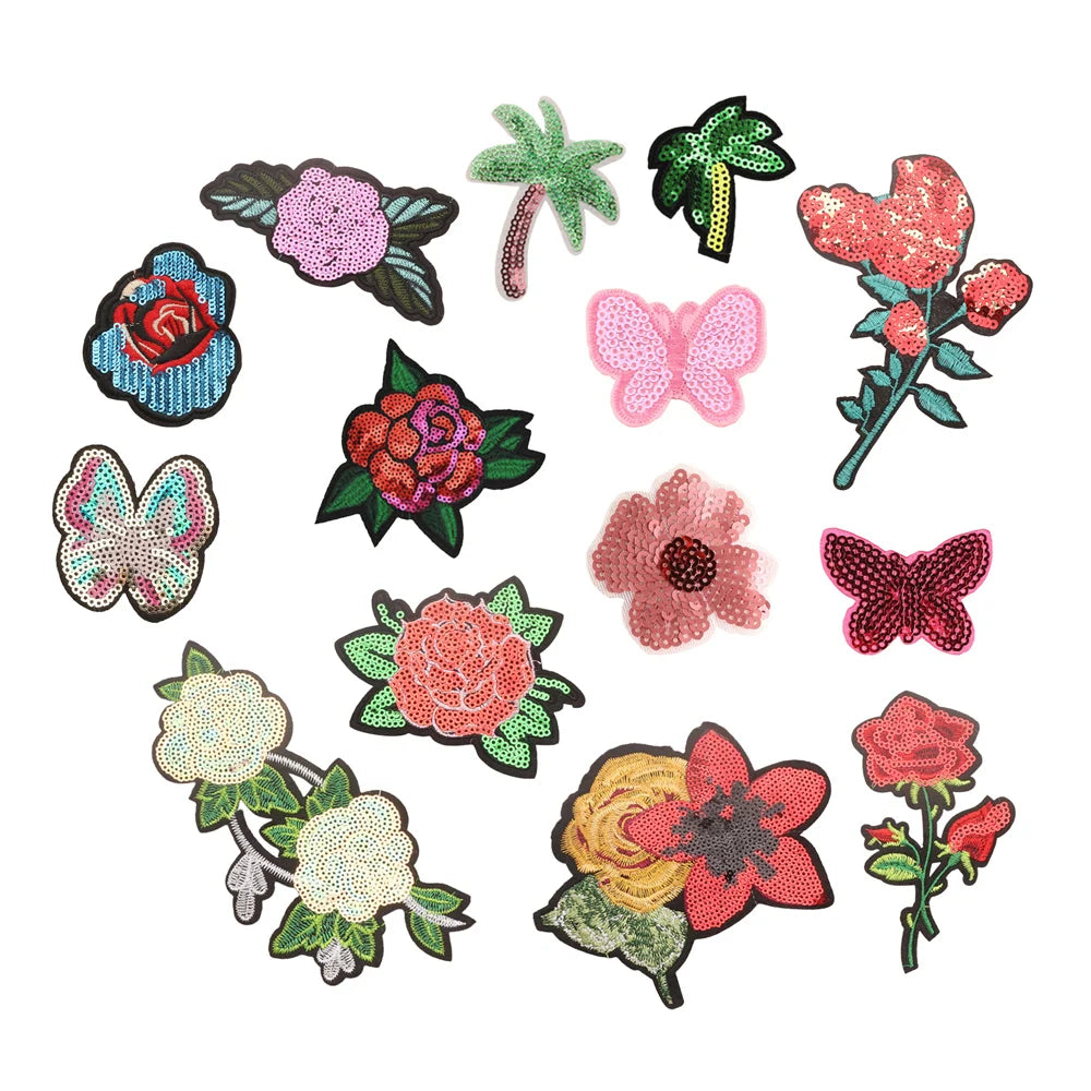 Small Moq Hot Sale Iron-on Backing Sequin butterfly Rose Flower Patches Applique for Clothing Handbag