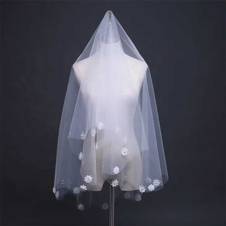 Bridal Veil Wedding Accessories Korean Flowers 1.5m Single Layer Short Style Veil Sweet Embroidery Applique Pearl Veil