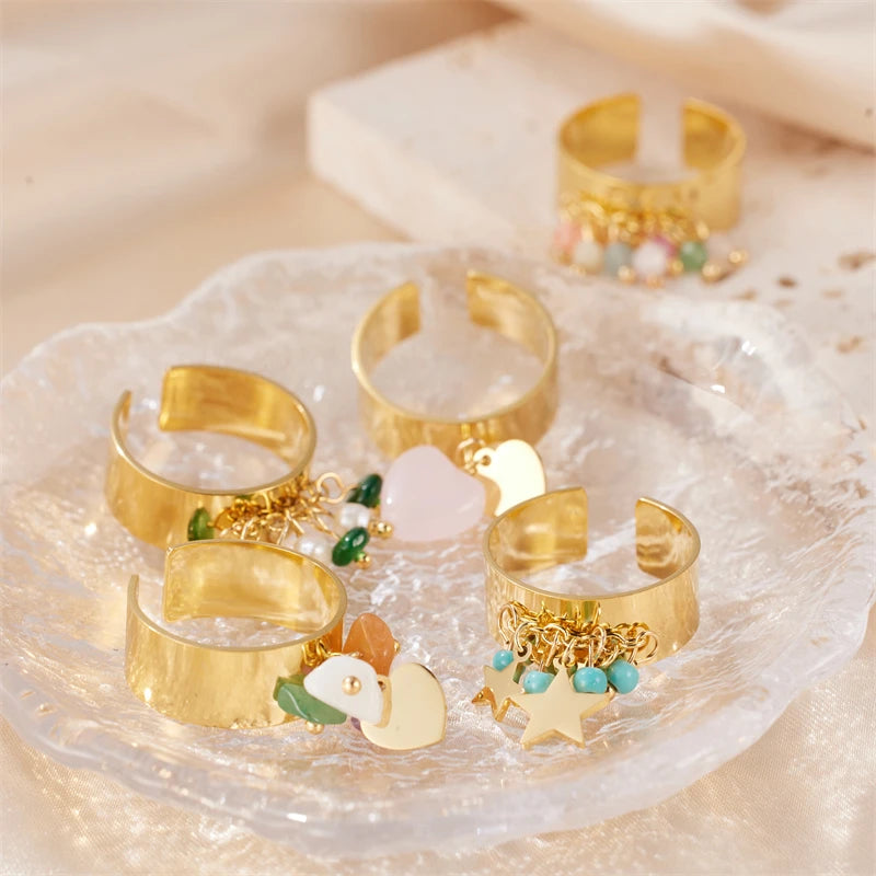 Waterproof Gold Plated Stainless Steel Wide Open Rings Set Colorful Natural Stone Zircon Turquoise Beads Charm Ring for Women