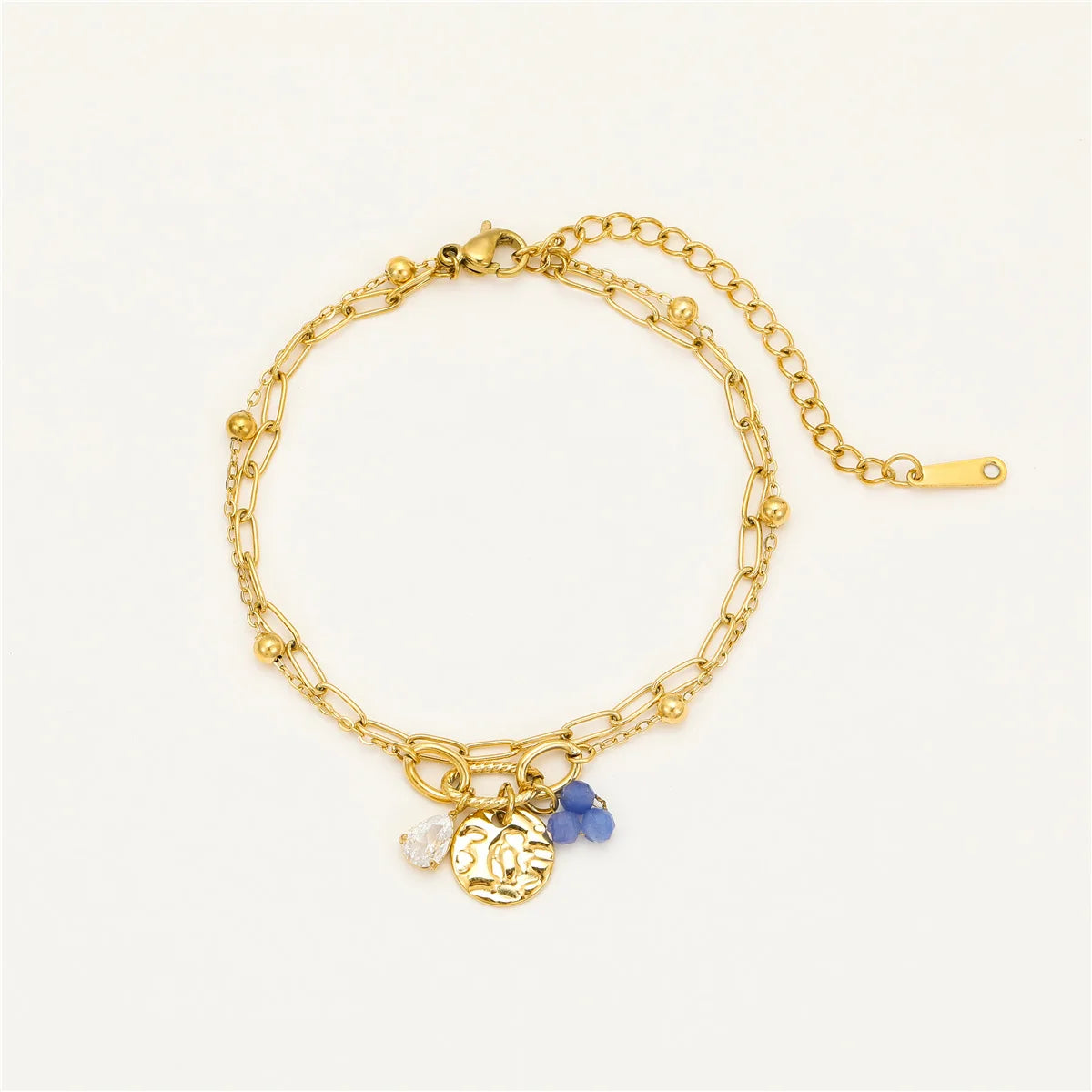 Stainless Steel 18k Gold Plated Double Layer Chain Jewelry Water Droplet Zircon Pearl Pendant Round Plaque Women Bracelet YF6085