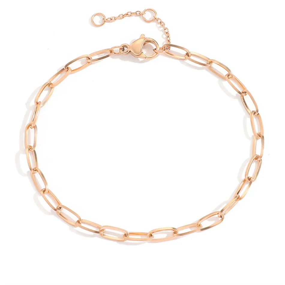 Simple 316L Stainless Steel Gold-Plated 15CM Rectangle Link Chain Bracelet Trendy Paper Clip Chain Bracelets for Women Gift