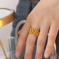 Fashionable Women Hierarchy Design Wide and Thick Chain Ring Thick Chain Ring 18k Gold Plated Stainless Steel Ring