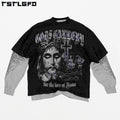 Streetwear Custom Screen Printing Double Layer T Shirt Men Two Piece Hip Hop Washed Oversized Boxy  Long Sleeve T-shirt