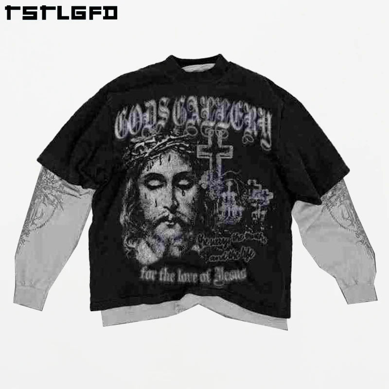 Streetwear Custom Screen Printing Double Layer T Shirt Men Two Piece Hip Hop Washed Oversized Boxy  Long Sleeve T-shirt